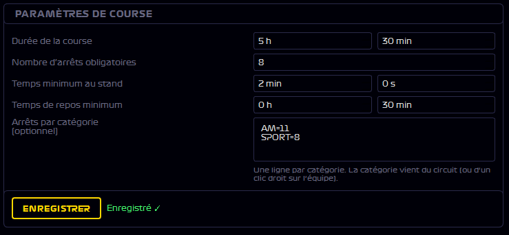Page CONFIG — paramètres de course