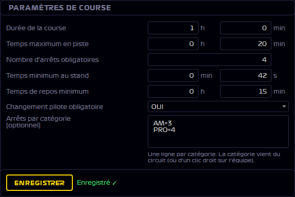 Carte PARAMÈTRES DE COURSE