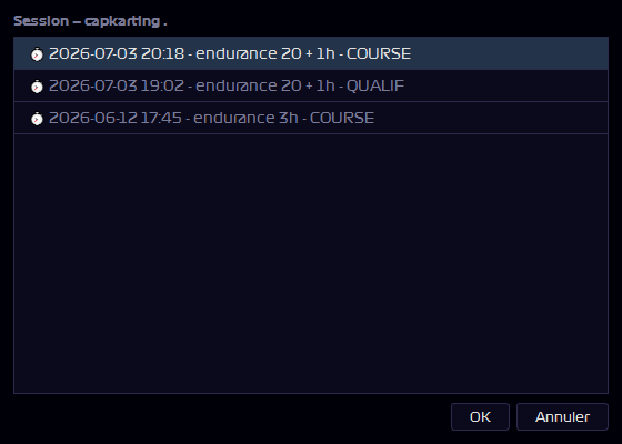 Liste des sessions enregistrées d'un circuit