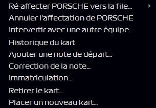 Menu d'un kart affecté